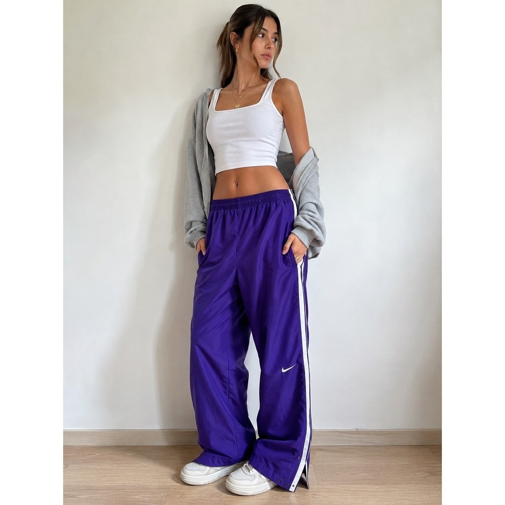 Vintage Y2K Nike Team Purple Track Pants S White Stripe Baggy Windbreaker